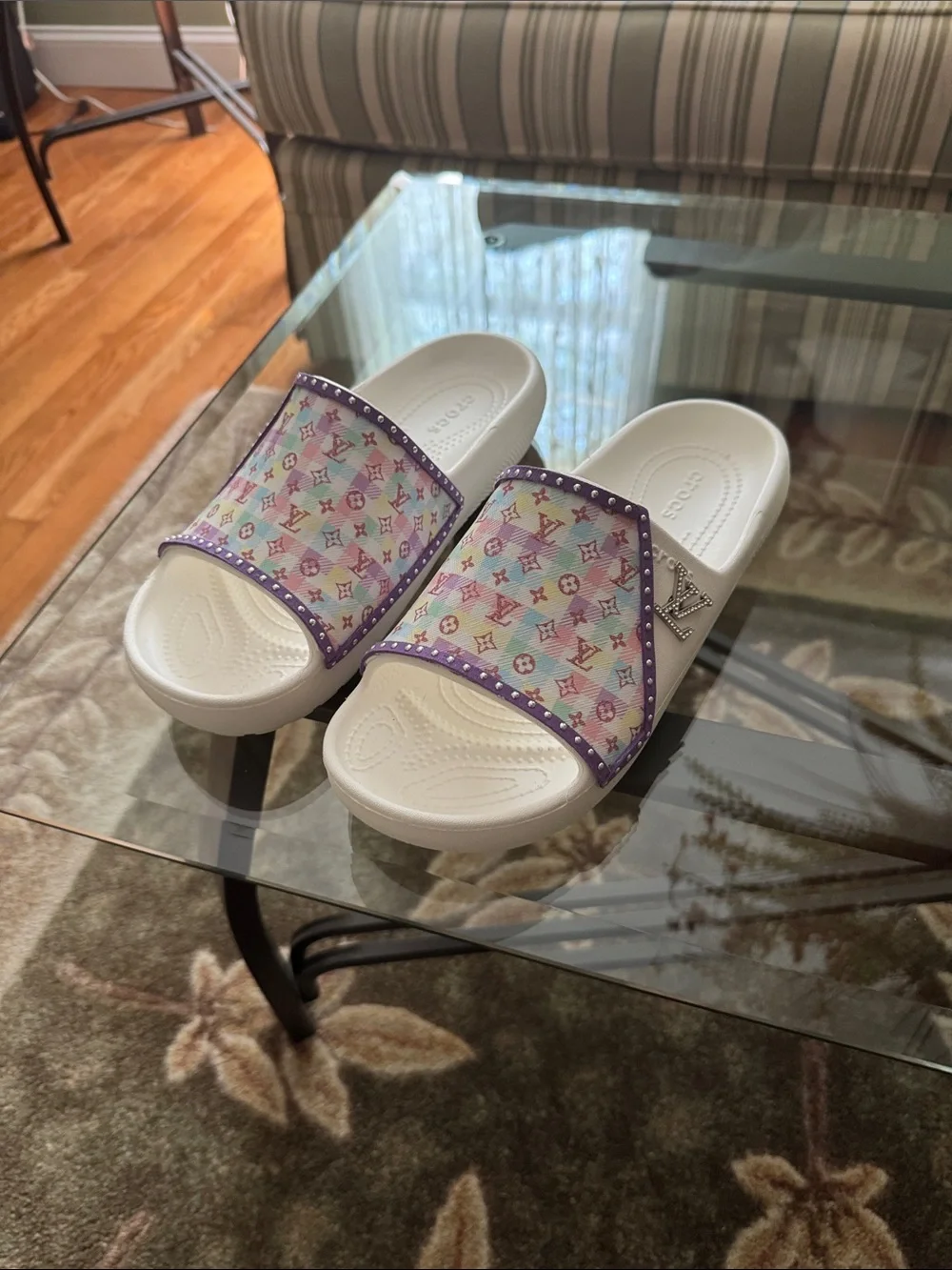 CROCS White Slides with Pastel Multicolor Monogram Strap